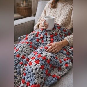 Vintage Granny Square Handmade Crocheted Blanket Throw Colorful 50x40